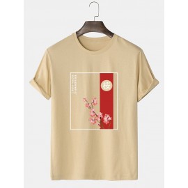 Mens Floral Japanese Graphic Crew Neck Short Sleeve Cotton T-Shirts
