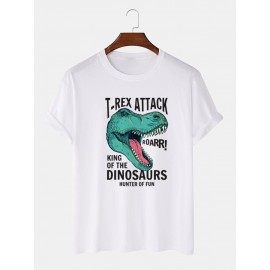 Mens Cartoon Dinosaur Letter Print O-Neck 100% Cotton Short Sleeve T-Shirts