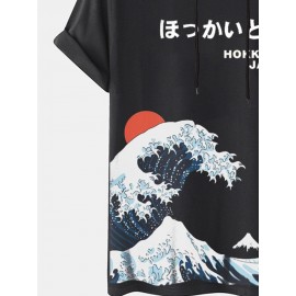 Mens Japanese Wave Print Short Sleeve Drawstring Hooded T-Shirts