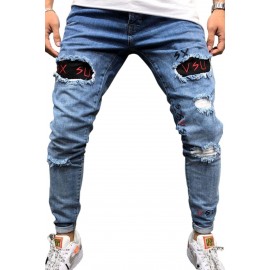 Men's Embroidered Ripped Jeans