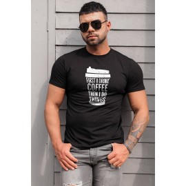 Black Men's Letter Coffee Cup Print Slim-fit Crewneck T Shirt