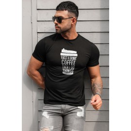 Black Men's Letter Coffee Cup Print Slim-fit Crewneck T Shirt