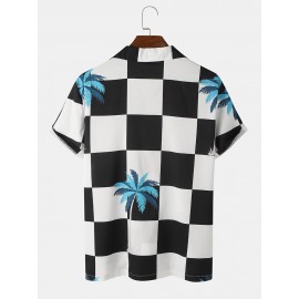 Mens Palm Tree Checkered Print Revere Holiday Short Sleeve Shirts