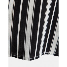 Mens Black Stripe Print Button Up Short Sleeve Lapel Casual Shirt