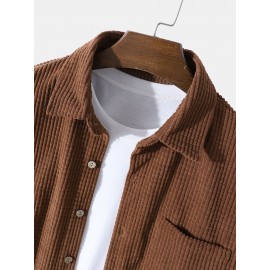Mens Corduroy Solid Color Button Casual Long Sleeve Shirts With Pocket